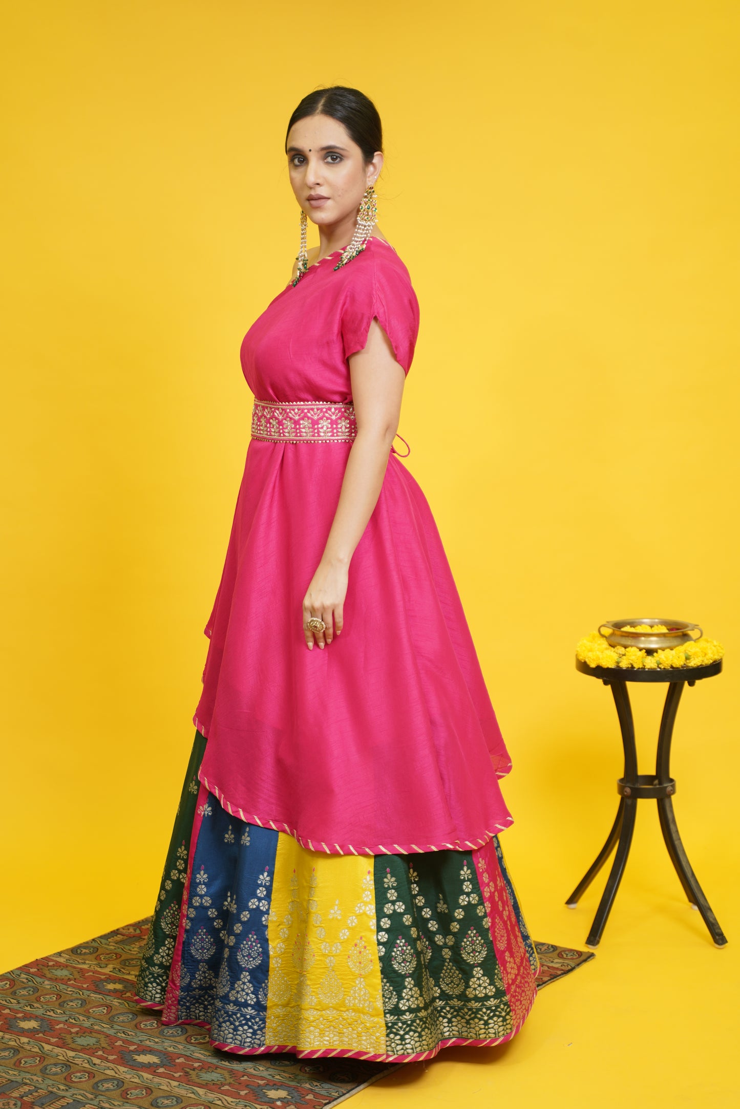 Gulrangi lehenga with asymmetric top and belt