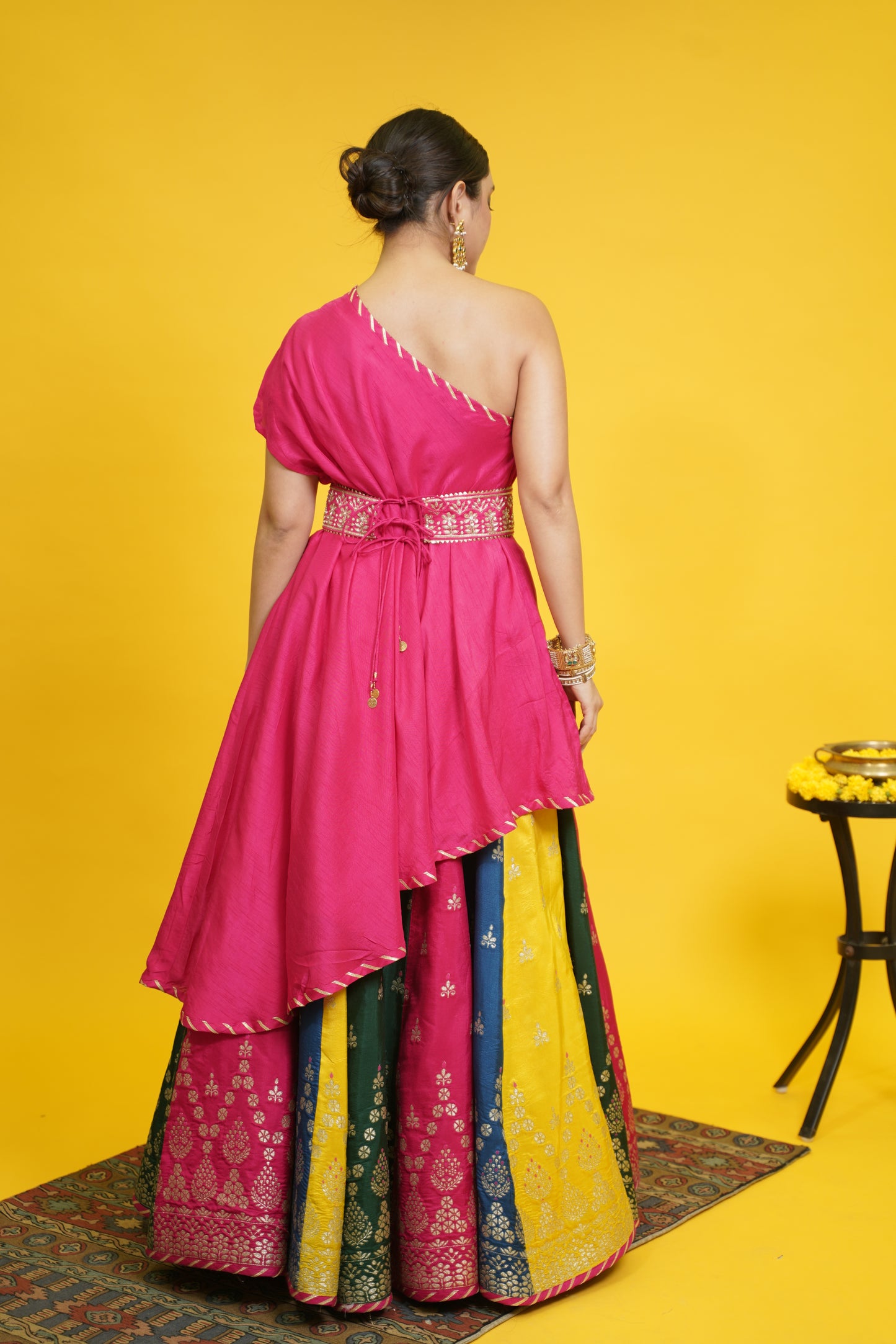 Gulrangi lehenga with asymmetric top and belt